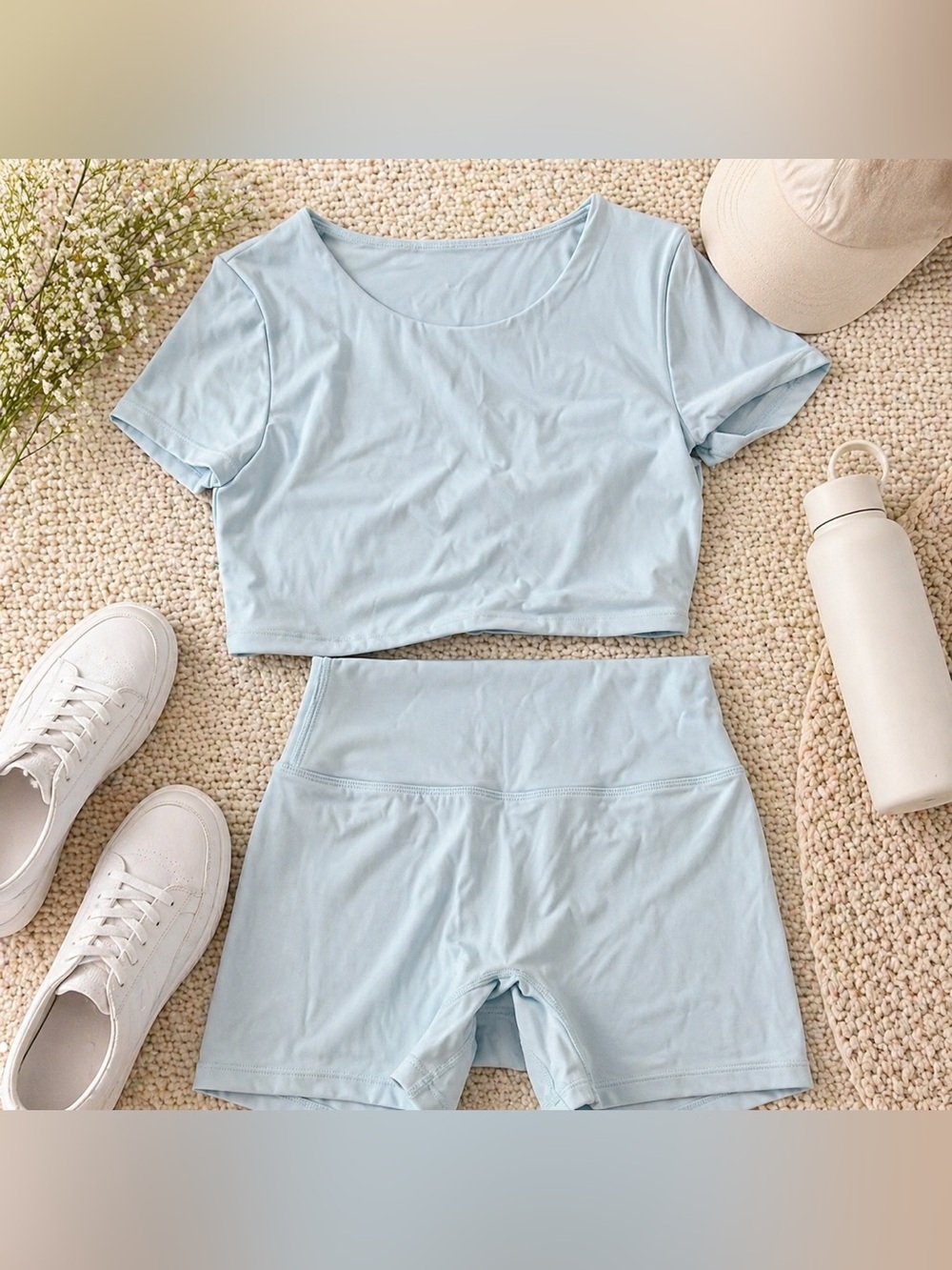 Light Blue Matching Workout Set | Crop Top & High Waisted Biker Shorts Size S